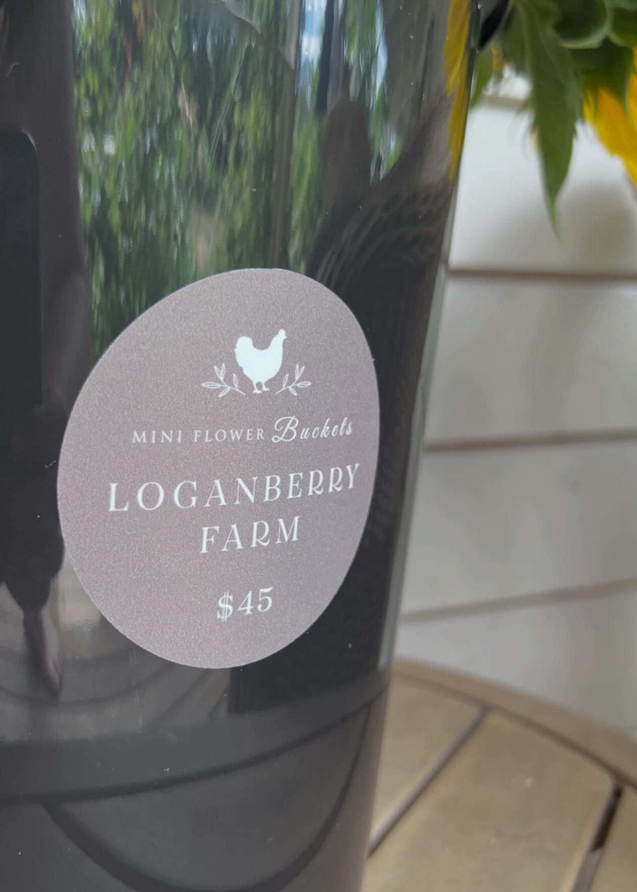A black mini flower bucket with a  'Loganberry Farm' label on a wooden surface