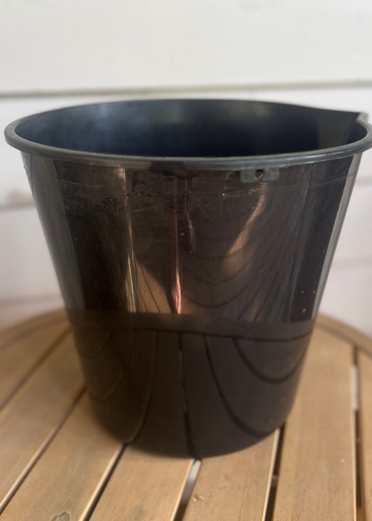 Black plastic bucket sitting on a wooden surface.